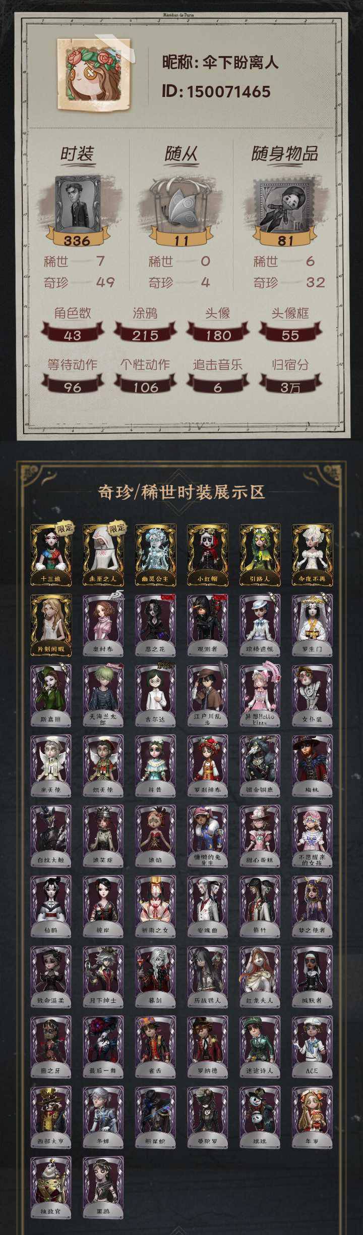 第五人格账号安卓官服手机十三娘 未至之人 幽灵公主 小红帽 引路人 今夜不再 片刻闲暇 
紫皮：奥村春恶之花 观测者 琼楼遗恨 罗生门 斯嘉丽 天海兰太郎 吉尔达 江户川乱步  异想Hello Kitty  女仆装 光天使 