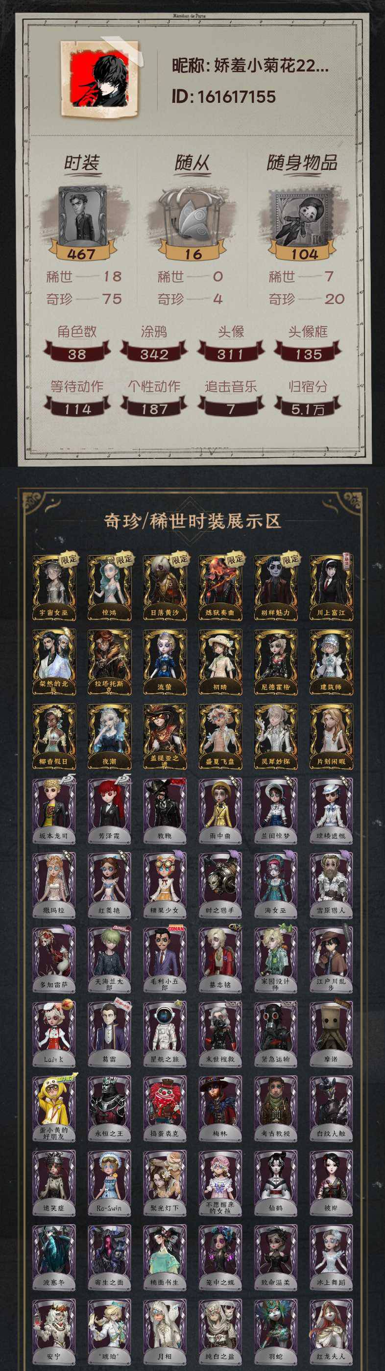 第五人格账号安卓华为编号:YXB2174  
金皮：宇宙女巫  惊鸿 日落黄沙 炼狱奏曲 别样魅力 川上富江 粲然的北辰 拉塔托斯克 流萤  尼德霍格 建筑师  初晴  灵犀妙探  片刻闲暇  椰香假日夜潮 盖提亚之遗 