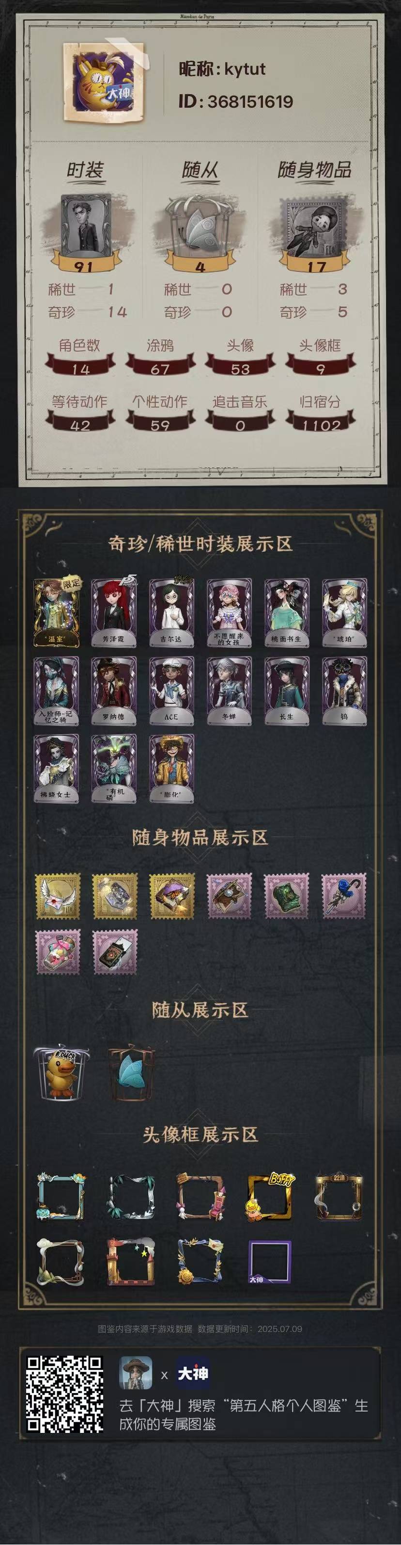 第五人格账号苹果官服手机角色等级 14紫色碎片数 2242 线索数 334 灵感数 24 回声数 0战斗力2011
角色数量:14 等级:14时装数量:91 随身物品:17 随从:4
金皮:入殓师--温室
紫皮:芳泽霞 吉尔