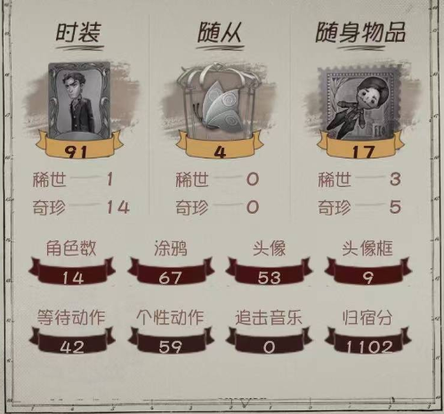 第五人格账号苹果官服手机角色等级 14紫色碎片数 2242 线索数 334 灵感数 24 回声数 0战斗力2011
角色数量:14 等级:14时装数量:91 随身物品:17 随从:4
金皮:入殓师--温室
紫皮:芳泽霞 吉尔