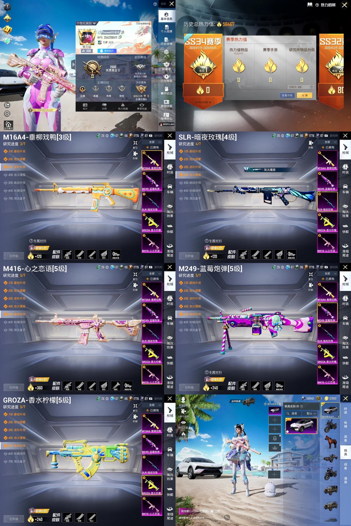 和平精英账号苹果QQ王者印记:4次 套装数：130 粉状数：23 枪械数：136 载具数：1  套装-冰河战士 套装-雏菊兔兔 套装-湖畔霞光 套装-粉日山川 套装-龙魂突击队 套装-萝兰蝴蝶 套装-蝶变 套装-照水倚天