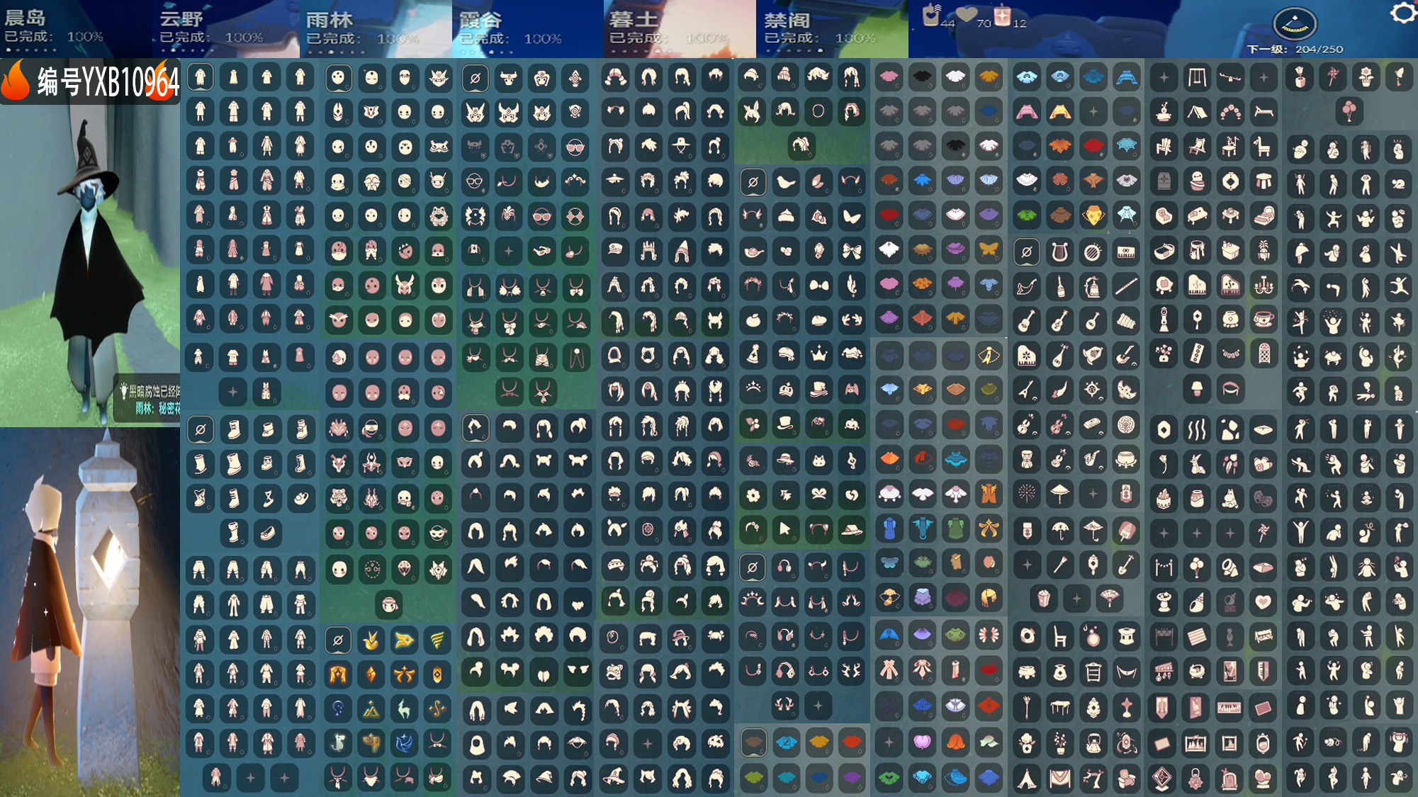 光遇账号vivo渠道服编号：YXB10964  区服：vivo   翼数量：204  季卡数：14  
资源：蜡烛：43   爱心：70   红蜡：12 
已毕业地图：晨岛 云野 雨林 霞谷 墓土 禁阁 
毕业季节：小王子