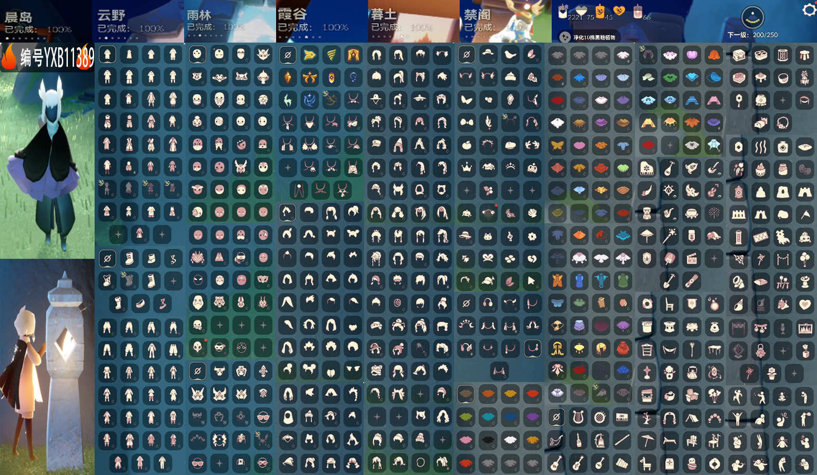 光遇账号vivo渠道服编号：YXB11389  区服：vivo   翼数量：200  季卡数：9 
资源：蜡烛：2221   爱心：75   红蜡：66 
已毕业地图：晨岛 云野 雨林 霞谷 墓土 禁阁 
毕业季节：风行季