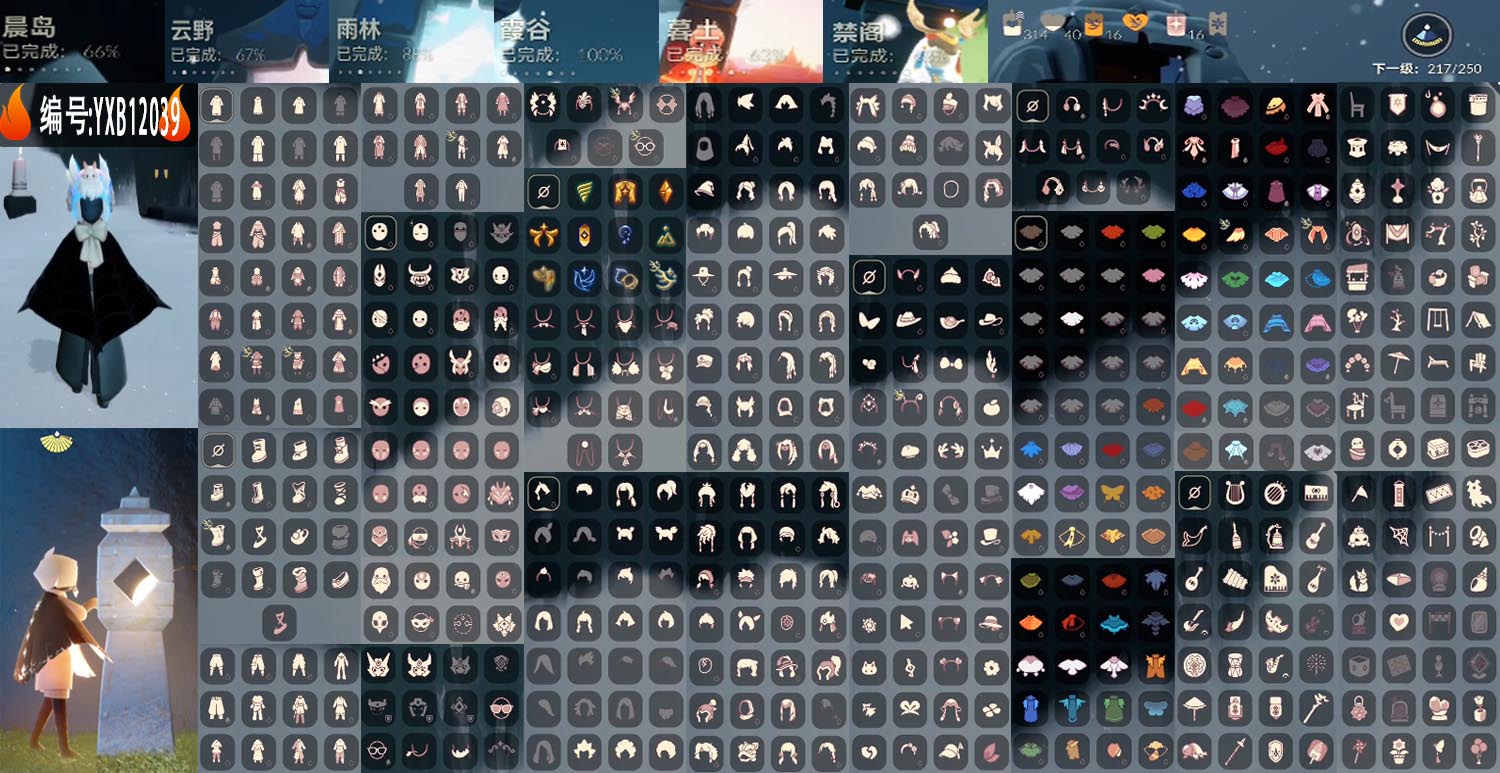 光遇账号安卓官服编号：YXB12039 区服：安卓 翼数量：217 
资源：蜡烛：313 爱心：40 红蜡：16 季卡数：11 
已毕业地图：霞谷 
毕业季节：表演季 破晓季 欧若拉季 追忆季 夜行季 拾光季 彩染季