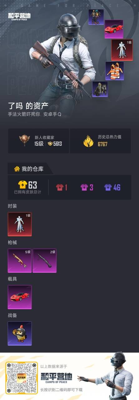 和平精英账号安卓QQ【1神装-0粉装-2粉枪-1载具-1珍稀飞行器-12套装-18枪皮】当前段位： 不屈白银 历史最高段位：  热力值：不屈白银  稀有套装：